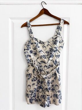 Christian Lacroix Blue & White Toile Fruit Print Linen Blend Belted Romper Small